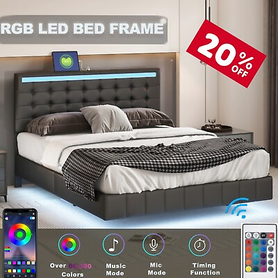 #ad Queen Size Floating Bed Frame with LED and USB ChargingModern Upholstered Bed $256.90
