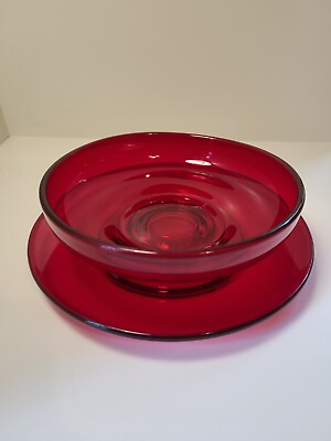 #ad Vintage Ruby Red Glass Bowl and Under Plate Dip Set Nice $16.00