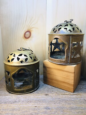 #ad Pair Of Brass Tea Light Candle lantern with cut out star pattern $29.00