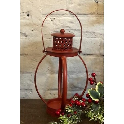 #ad New Primitive Rustic AGED RED CANDLE LANTERN Hanging Pillar Holder 10quot; $18.95
