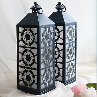 #ad 2 Pack 16quot; Large Rustic Farmhouse Blue Candle Lantern Modern Metal Decorative... $49.99