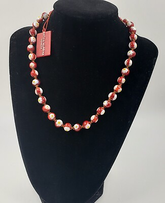 #ad Antica Murrina Venezia Red Glass Bead Necklace With White Rose Millefiori $70.00