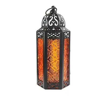 #ad #ad 11.5quot; Moroccan Style Candle Lantern Black Metal Frame Orange Colored Glass ... $22.84