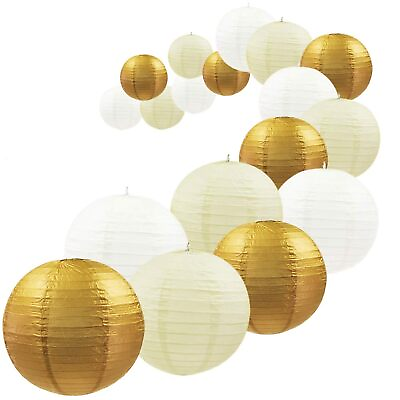 #ad 18Pcs Metallic Gold Christmas Paper Lantern Set Assorted Hanging Gold Japanes $36.09