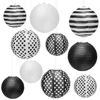 #ad 10 Pcs 6 Inch 8 Inch Hanging Paper Lanterns Black White Paper Lanterns Round ... $27.44