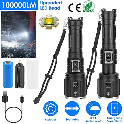 #ad 100000LM LED Flashlight Super Bright Tactical Torch Rechargeable Battery Support $25.99