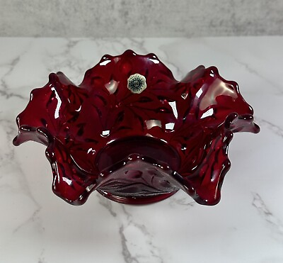 #ad Vintage Westmoreland Ruffled Ruby Red Glass Candy Dish Bowl 6.5quot; W amp; 3quot; T Flower $29.99