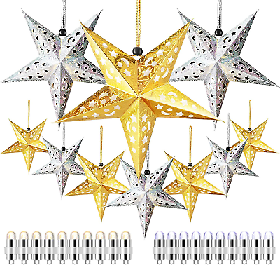 #ad 10 Pcs Christmas Paper Star Lantern Lampshade 3D Paper Star Hanging Decoration S $41.51