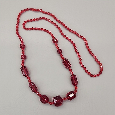 #ad Glass Beaded Necklace Vtg Station Red Glass Rectangle Opera Length 32quot; $39.99