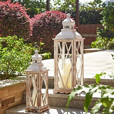 #ad Farmhouse Wood Metal Lanterns Decorative Hanging Candle Lanterns White Set Of 2 $117.52