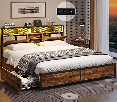 #ad LED Bed Frame with Storage Headboard Metal Platform Bed Frame with Drawers $239.89