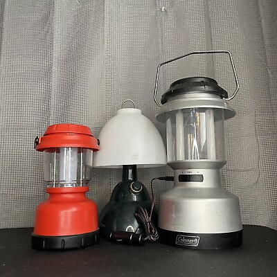 #ad Lot Of 3 Coleman Lamps Silver Green Red Battery Powered Charging Lantern $10.00