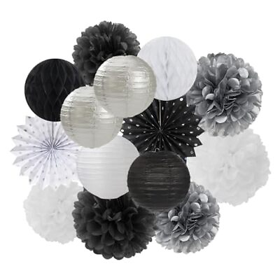 #ad Black White Silver Party Decorations Paper Lanterns 14pcs New Years Streame... $29.02