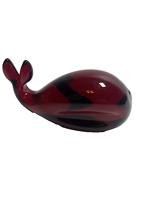 #ad Vintage MCM Viking Glass Ruby Red 5quot; Whale Paperweight Rare Color $34.97