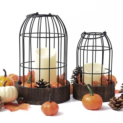 #ad Decorative Candle Lantern Set of 2 Farmhouse Table Lanterns for Home Walnut $41.80