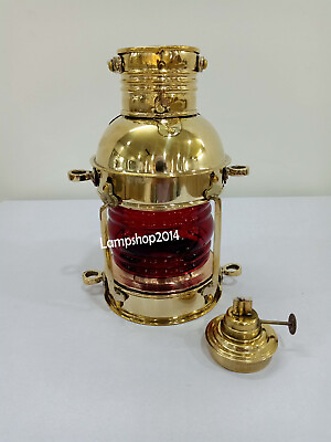 #ad Brass Kerosene Oil Lantern Hanging Ship Lantern Red Glass Hanging Oil Lamps $69.64