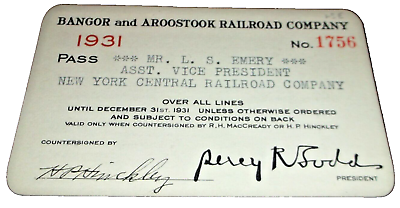#ad 1931 BANGOR amp; AROOSTOOCK RAILROAD COMPANY EMPLOYEE PASS #1756 $50.00