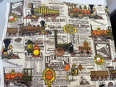 #ad #ad 46quot; x 44quot; Trains House n#x27; Home Fabric Swatch Craft Railroad Lanterns Newsprint $23.99