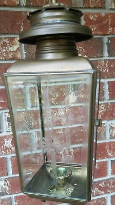 #ad Vtg Brass Lantern Candle Holder Etched Beveled Glass Panels 4 Sided 17in tall $201.17