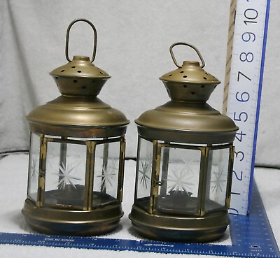 #ad Pair 2 Antique Hanging lanterns Xmas candlestick Rare brass Etched glass 60s $98.99
