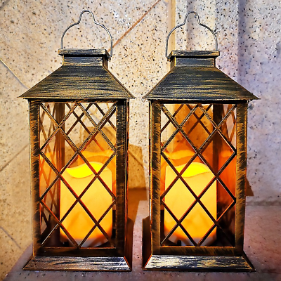 #ad 14quot; Set of 2 Outdoor Solar Candle Lantern Flickering Flameless LED Candle Plasti $55.80