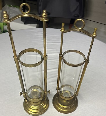#ad *2* Vtg Brass Antique Lantern Candle Holders Victorian Decor Glass 16”18” Tall $225.00
