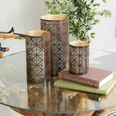 #ad DecMode 3 Holder Dark Brown Metal Geometric Decorative Candle Lantern Set of 3 $55.99