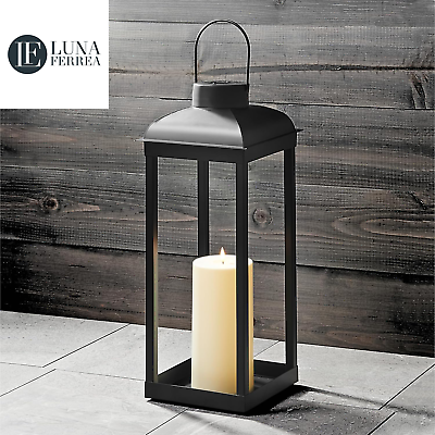 #ad Outdoor Candle Lantern Large 18 Inch Tall Solar Powered Black Metal Open F $116.83