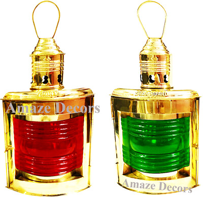 #ad Shinny Brass Red amp; Green Glass Oil Lantern Maritime Nautical Ship Oil Lamp Decor $139.99