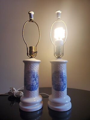#ad 2 Beautiful Cottage Style Matching Table Lantern Lamps 1960 Vintage White Blue $100.00