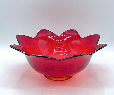 #ad Vintage Ruby Red Depression Glass Flower Shaped Bowl Serving Decorative $17.35