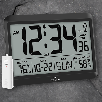 #ad Atomic Clock with Indoor Outdoor Temperature Self Setting Digital Wall Clock $33.69