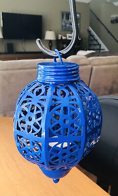 #ad Tea Light Candle Holder Lantern Metal Hanging or Table Top Blue 8.5in Tall $14.99
