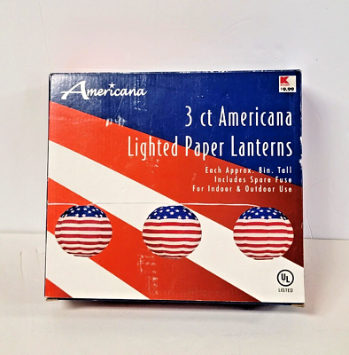 #ad Americana 3 Ct Paper Lantern String Lights Red White Blue Stars Vintage Kmart $18.00