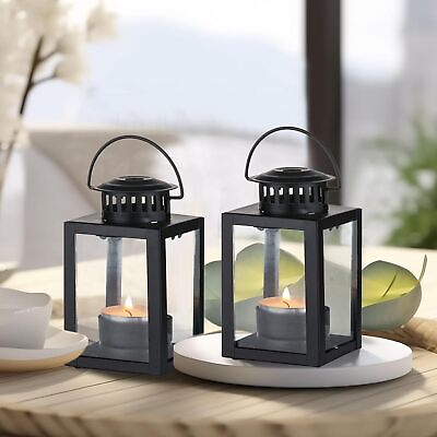 #ad Black Lanterns Decorative Set of 2 Small Indoor Glass Candle Holder Table Cente $35.69