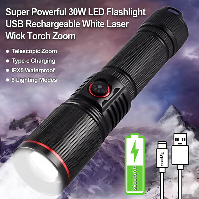 #ad Super Powerful 30W LED Flashlight USB Rechargeable White Laser Wick Torch Zoom $15.63