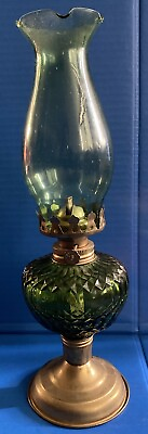 #ad VTG Green Glass Oil Lantern With Brass Base 7” Lamp amp; 12 5 8” with Green Glass $35.00