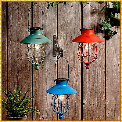 #ad Rustic Distressed Hanging Solar LED Caged Lantern Light Outdoor Decor 3 COLORS $24.98