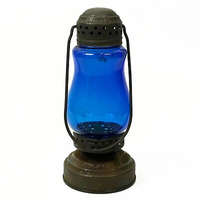 #ad Antique Ice Skater#x27;s Lantern Lamp w Original Cobalt Blue Globe $350.00