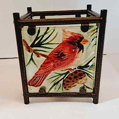 #ad Hand Painted Red Cardinal Frosted Etched Glass Square Candle Lantern Holder $24.99