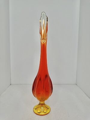 #ad Vintage MCM Viking Glass Epic 6 Petal 16.5” Swung Vase persimmon Stunning Mouth $79.99