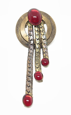 #ad Vintage Red Glass Brass Tassel Brooch Pin Has Repair $20.00