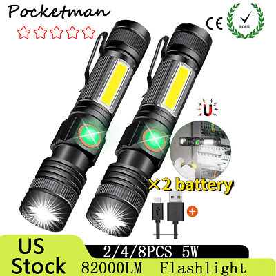 #ad USB Rechargeable LED Flashlight Magnetic Torch Sidelight Pocket Zoomable 2 4 8PC $54.59