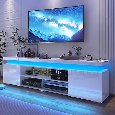 #ad LED TV Stand for 85quot;TV High Gloss Entertainment Center w Storage Power Outlet $193.79