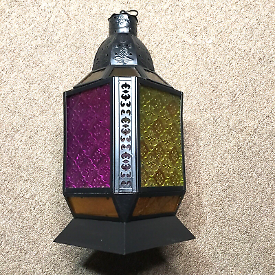 #ad Vintage Lantern Hanging Ornate Metal Color Glass Candle Holder 15quot; long $43.23