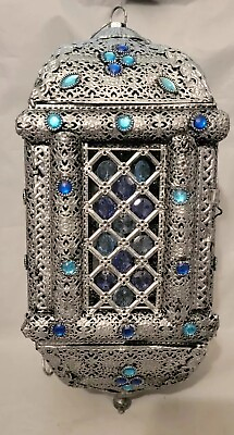 #ad Moroccan Lantern Pillar Candle Blue amp; Silver Ready to Hang Home Decor 19 inch $45.95