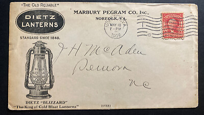 #ad 1908 Norfolk VA USA Advertising Cover To Semora Dietz Lanterns $68.00
