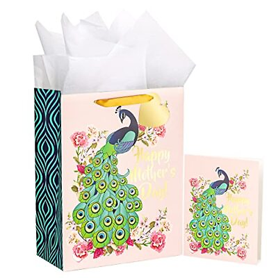 #ad WRAPAHOLIC 13quot; Large Mother#x27;s Day Gift Bag with Card and Tissue Paper Peacock $11.99