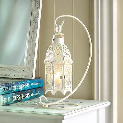 #ad White Metal Glass Fancy Lattice Pattern Candle Lantern With Stand Home Decor $35.59