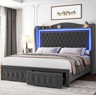 #ad Queen Size LED Bed Frame with Storage PU Headboard Upholstered Platform Black $500.00